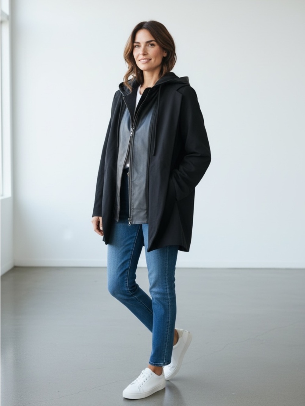 ecru Black leather Hooded Coat with Leather-Trim Zip
